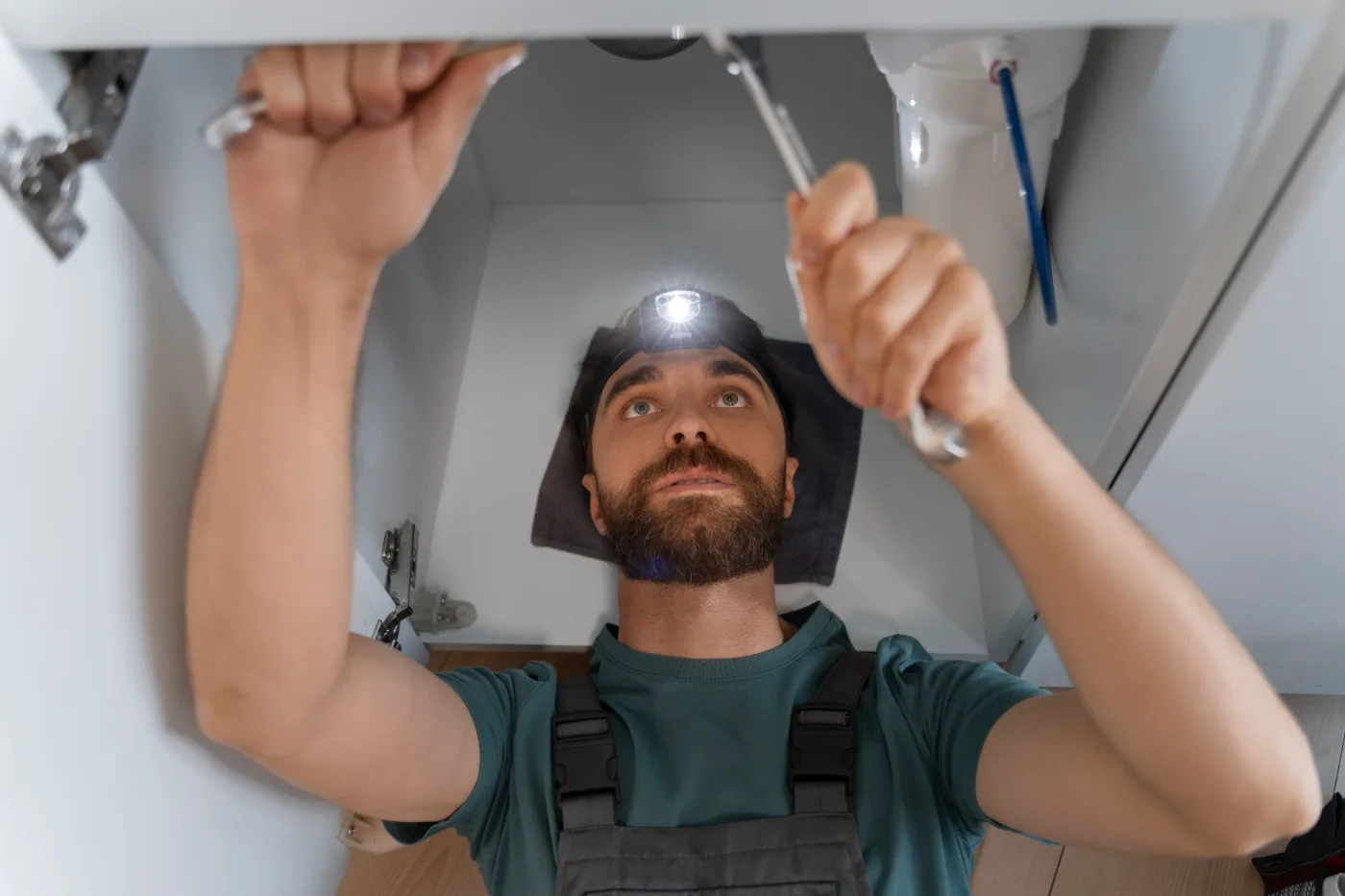 Plumber repairing pipework in a bathroom