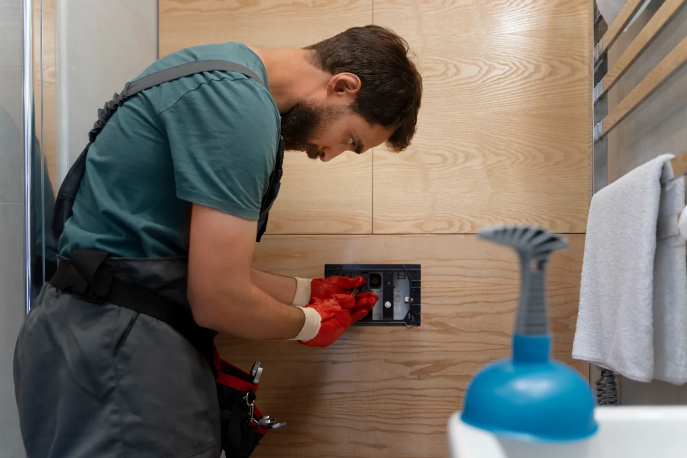 Plumber completing repair work beside a bathroom wall